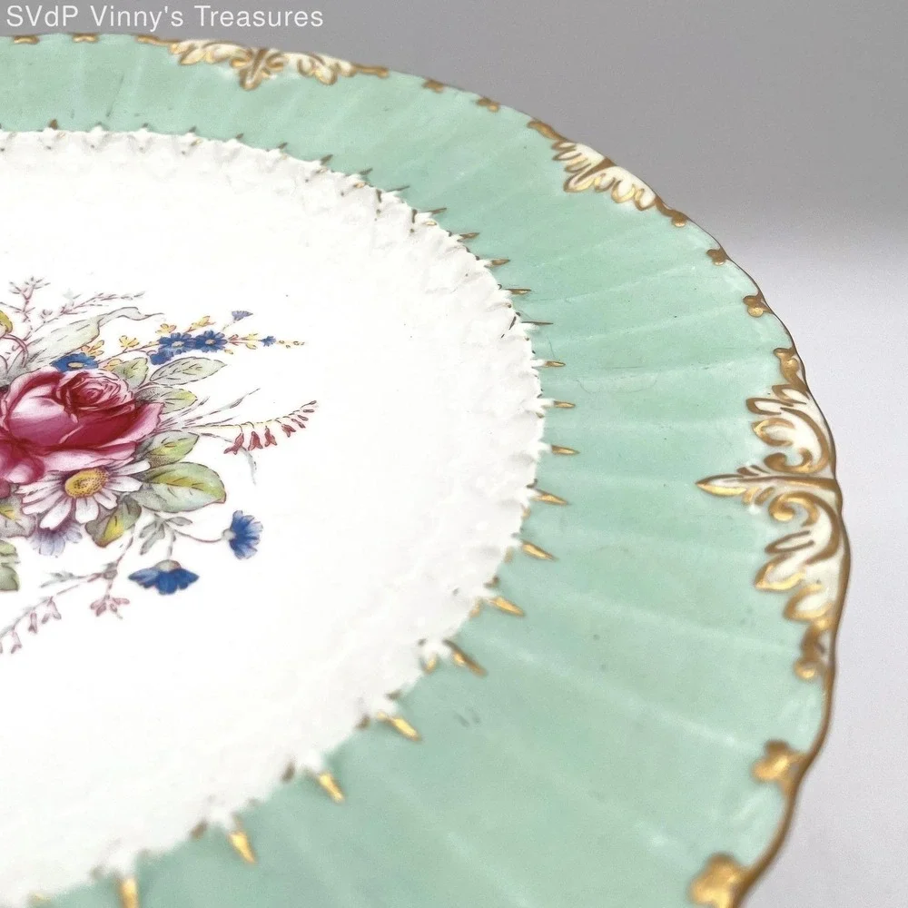 Royal Crown Derby E. Ellis Hand Painted Floral Cabinet Plates Set 2 Green Gilt
